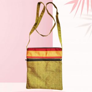 Praakriti- Khun Fabric Golden Green Sling Bag Model-SNOSCS5 -by Sameesh Creations