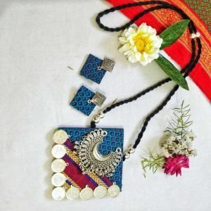 Khun Fabric Necklace with Oxidized Pendant-Model-SCN007