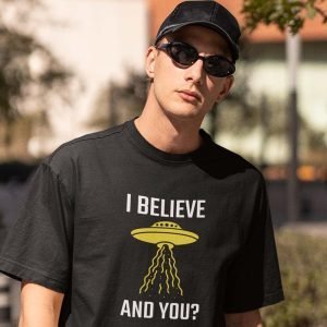 Printed T Shirts-Funny Alien Message 3 – I Believe and You? Design-by ZingerTees-Unisex-EL9120128