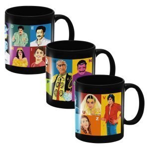 Designer Ceramic Mug-Bollywood Characters A to Z Design-By EqualLife -EL7222133 – Black – Set of 3