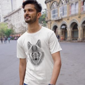 Pure Cotton Bio-Washed Chest Printed T-Shirt – Eco Earth – Wolf Design 1 – by ZingerTees-Unisex-EL9120541