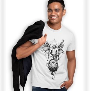 Pure Cotton Bio-Washed Chest Printed T-Shirt – Mythology – Angel and Lion – by ZingerTees-Unisex-EL9120600